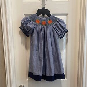 Southern Sunshine Smocked Blue Checkered Dress with Pumpkin Detail